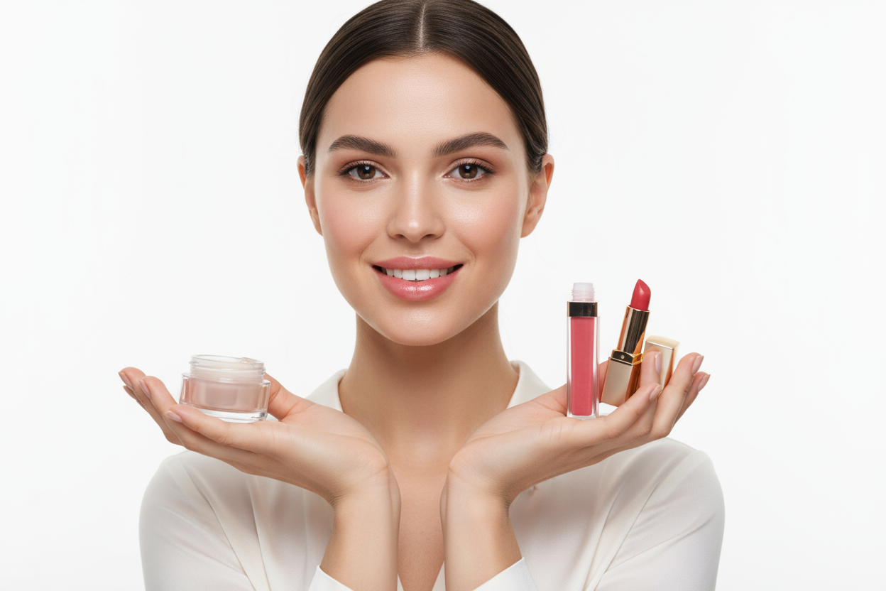 Girl advertising Lip care products with back ground white 
