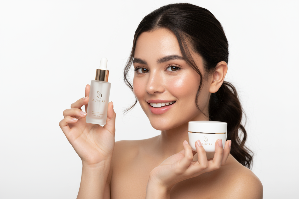Girl advertising Skin care with background white