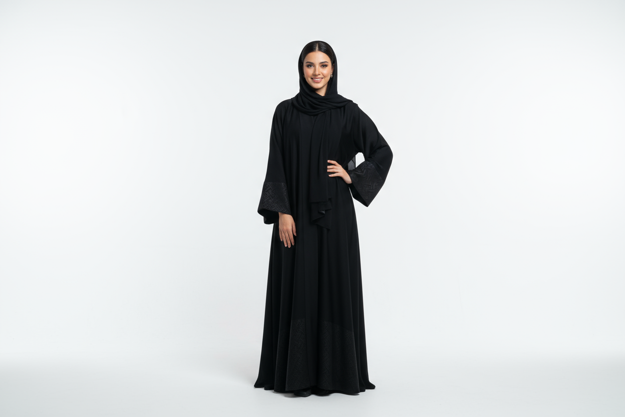 Lady influencer wearing abaya  with white background 